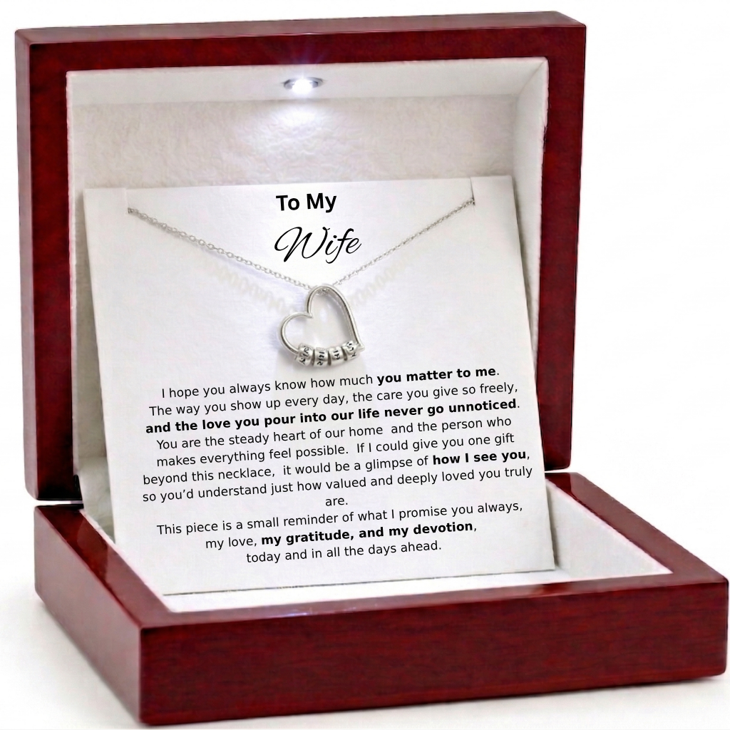 To My Wife – Engraved Heart Beads Charm Necklace