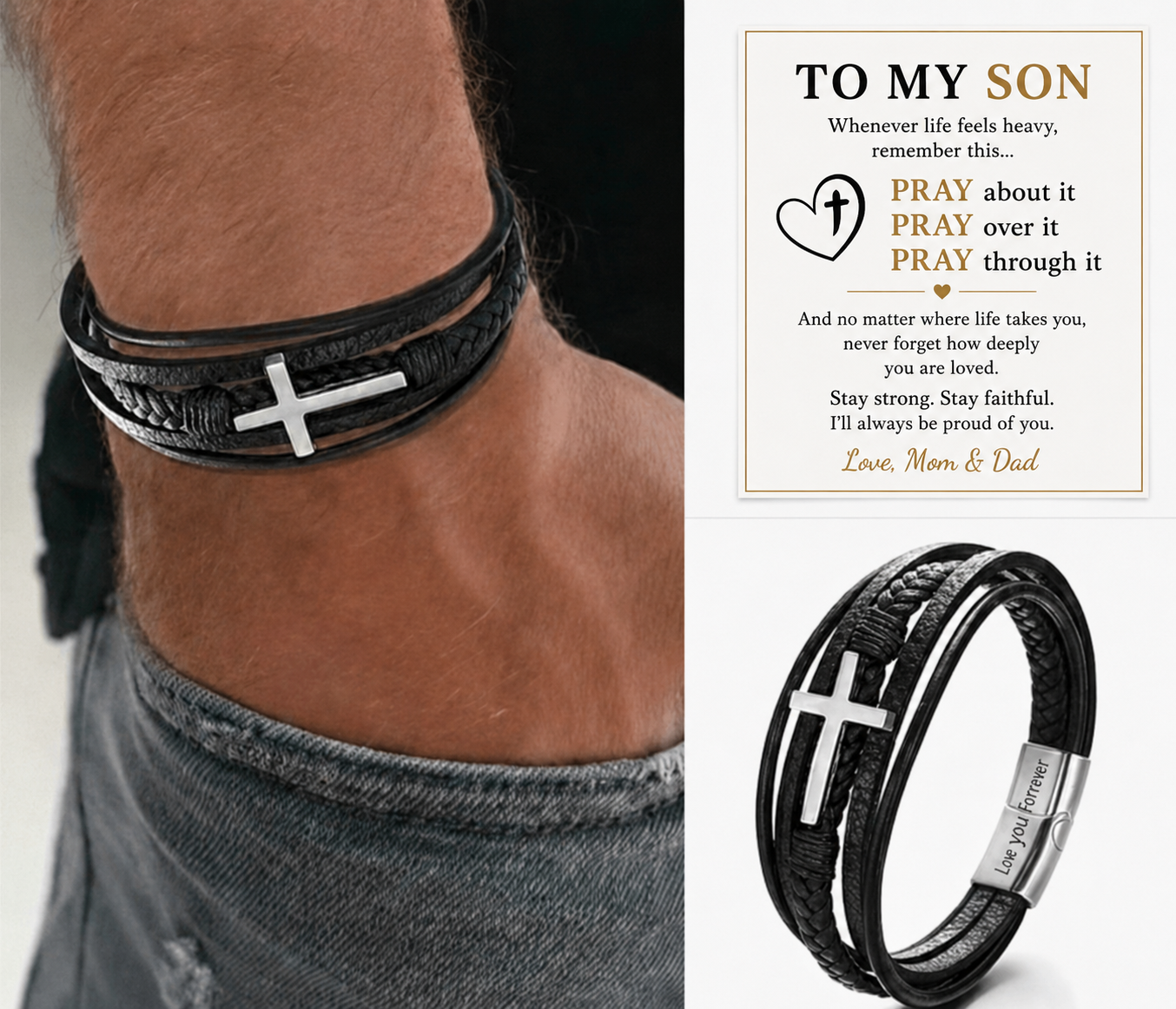 Cross Leather Bracelet - Meaningful Engraving