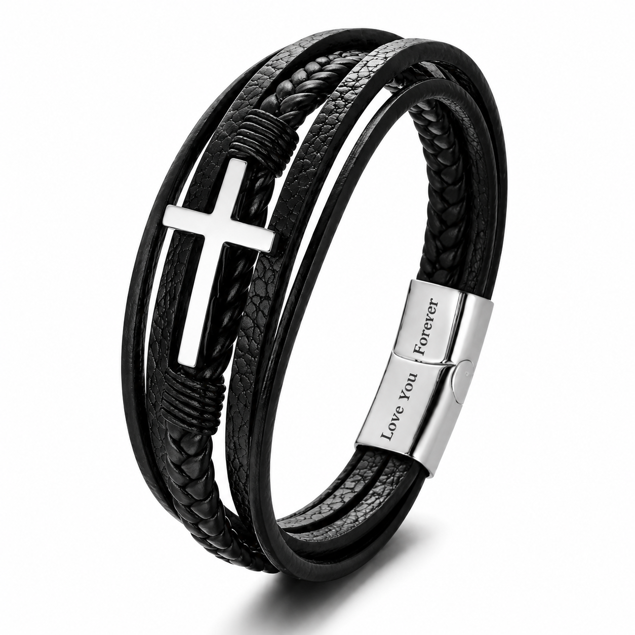 Cross Leather Bracelet - Meaningful Engraving