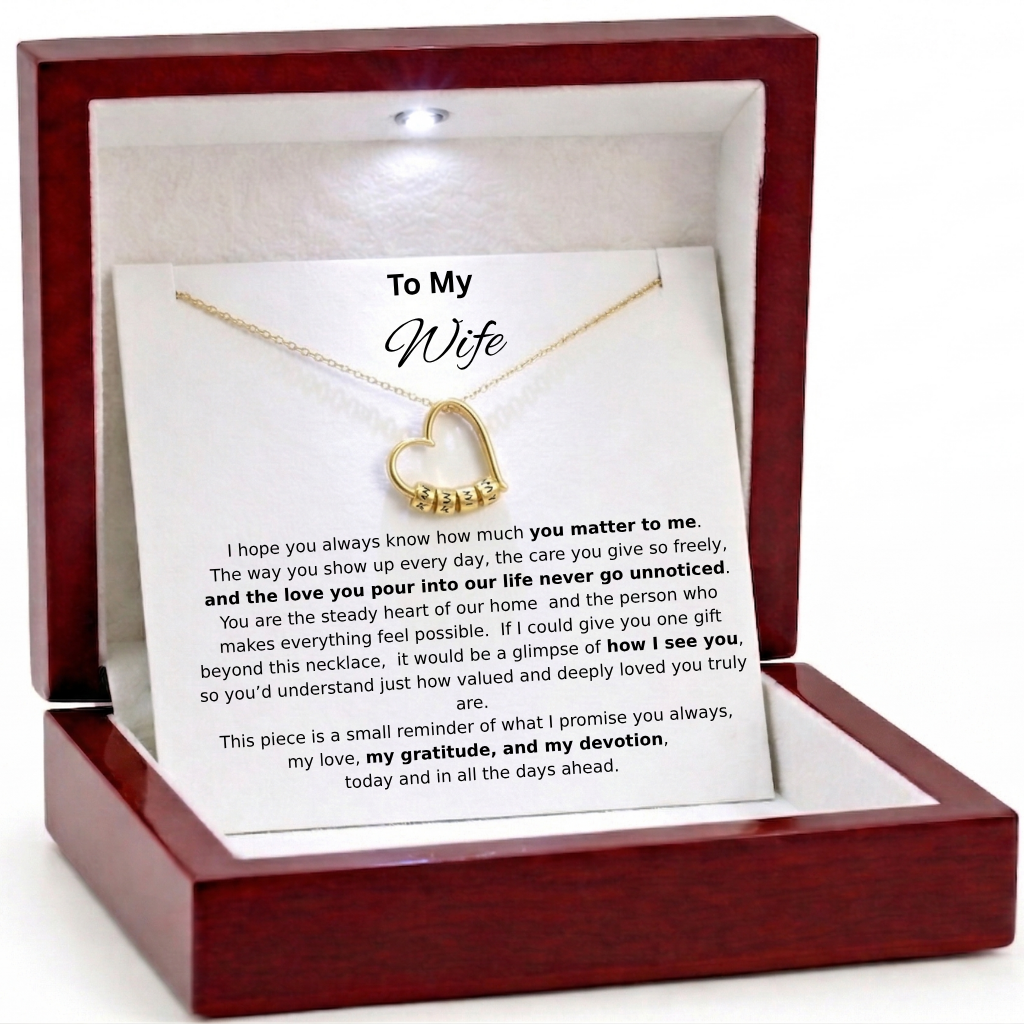 To My Wife – Engraved Heart Beads Charm Necklace