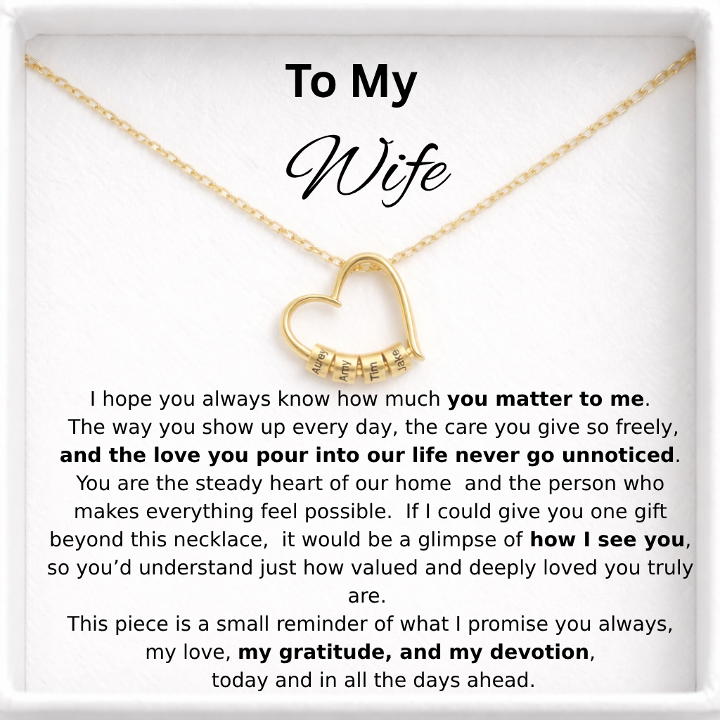To My Wife – Engraved Heart Beads Charm Necklace