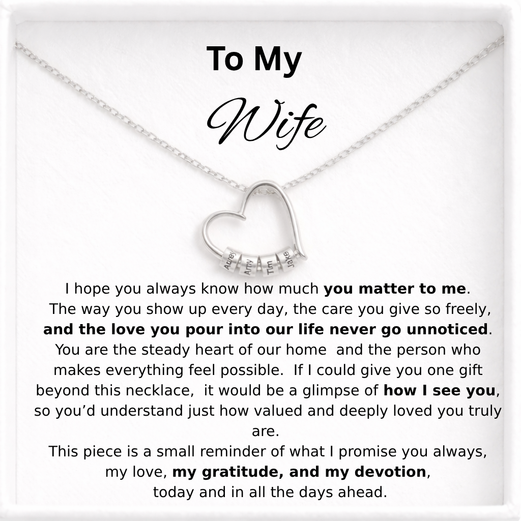 To My Wife – Engraved Heart Beads Charm Necklace