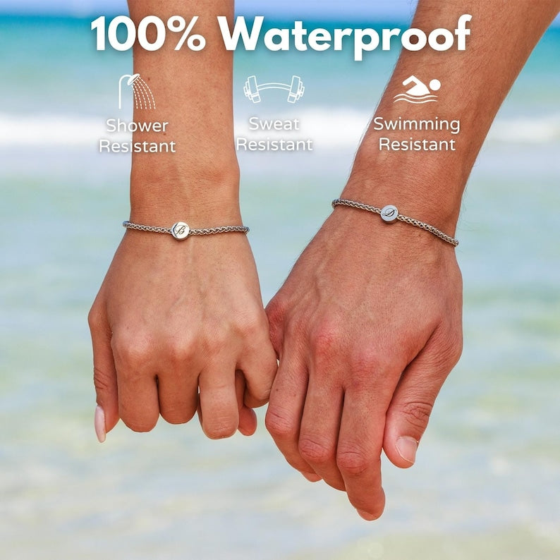 Forever Connected - Engraved Initial Stainless Steel Couple Bracelet Set