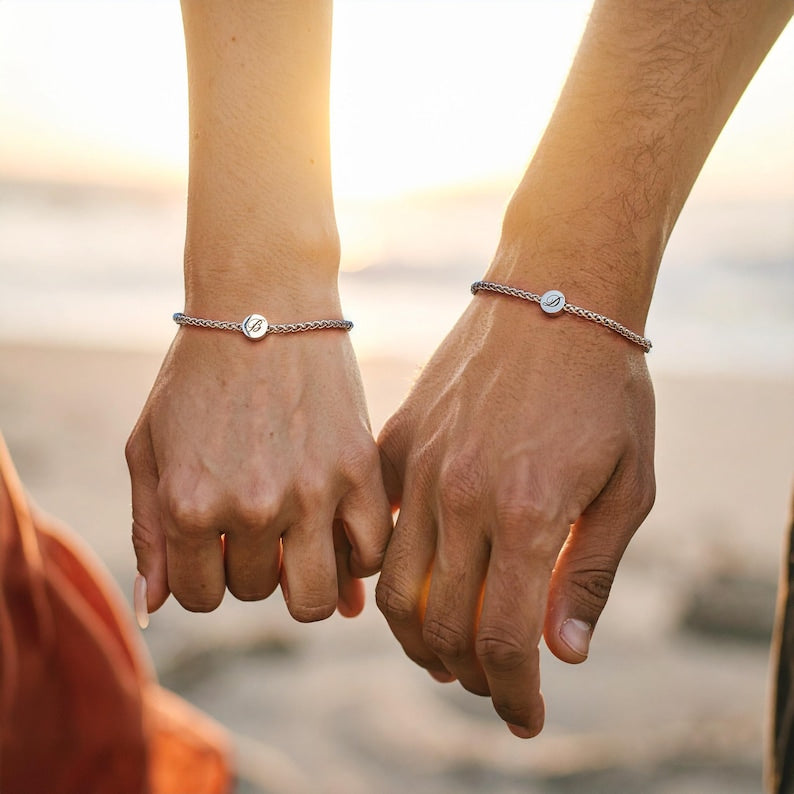 Forever Connected - Engraved Initial Stainless Steel Couple Bracelet Set