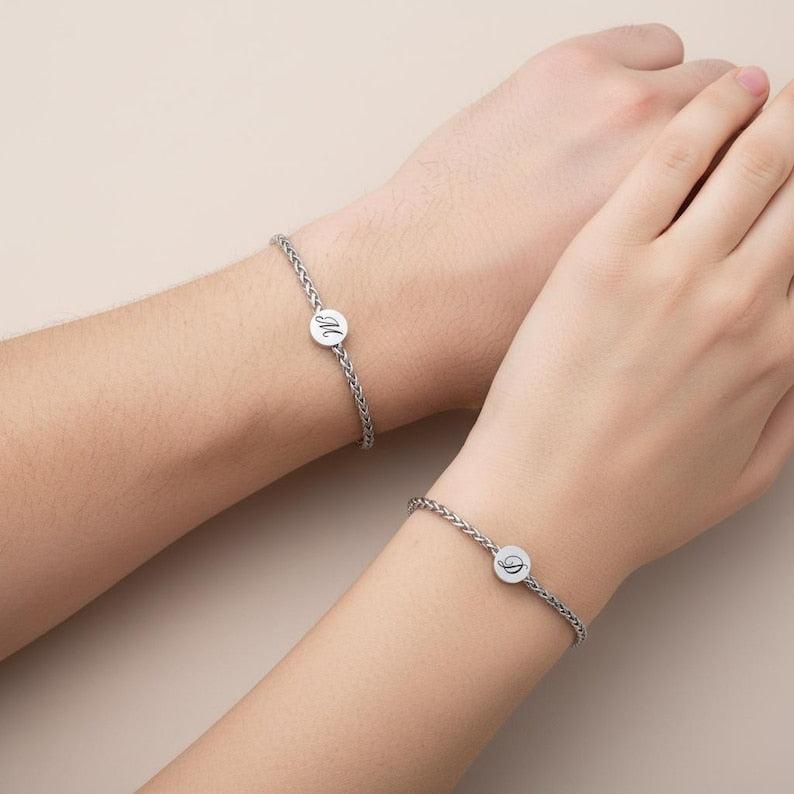 Forever Connected - Engraved Initial Stainless Steel Couple Bracelet Set