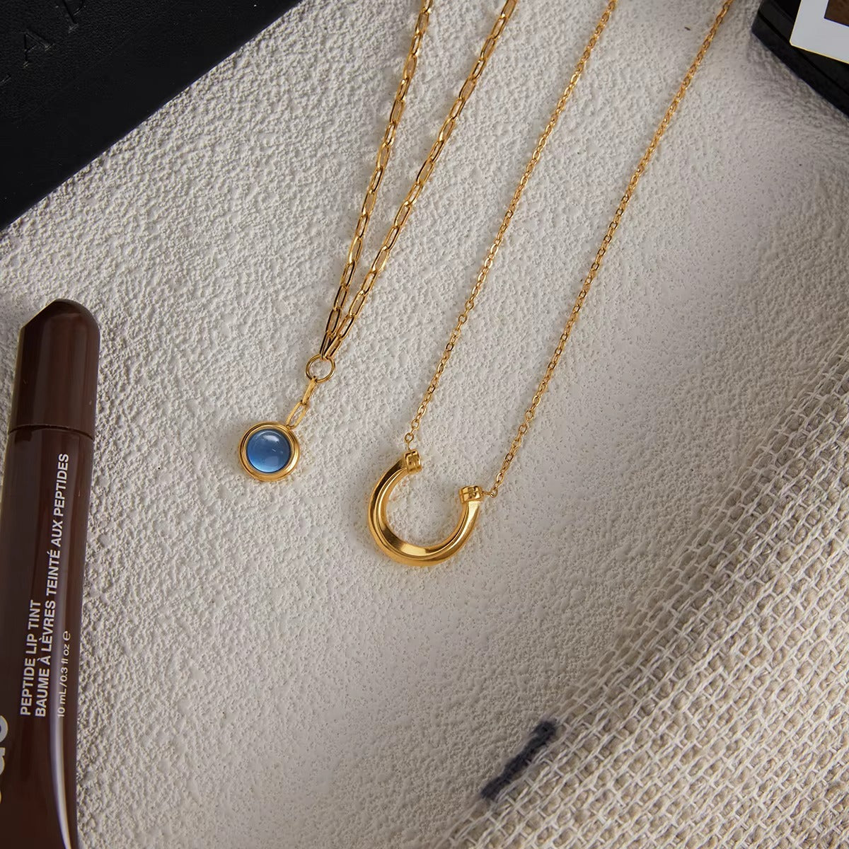 Gift for Mum - Eternal Bond Double Pendant Necklace - Gold Ring and Blue Resin Pendant