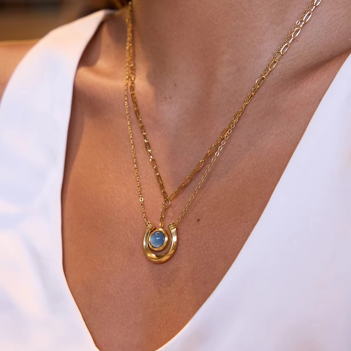 Gift for Mum - Eternal Bond Double Pendant Necklace - Gold Ring and Blue Resin Pendant