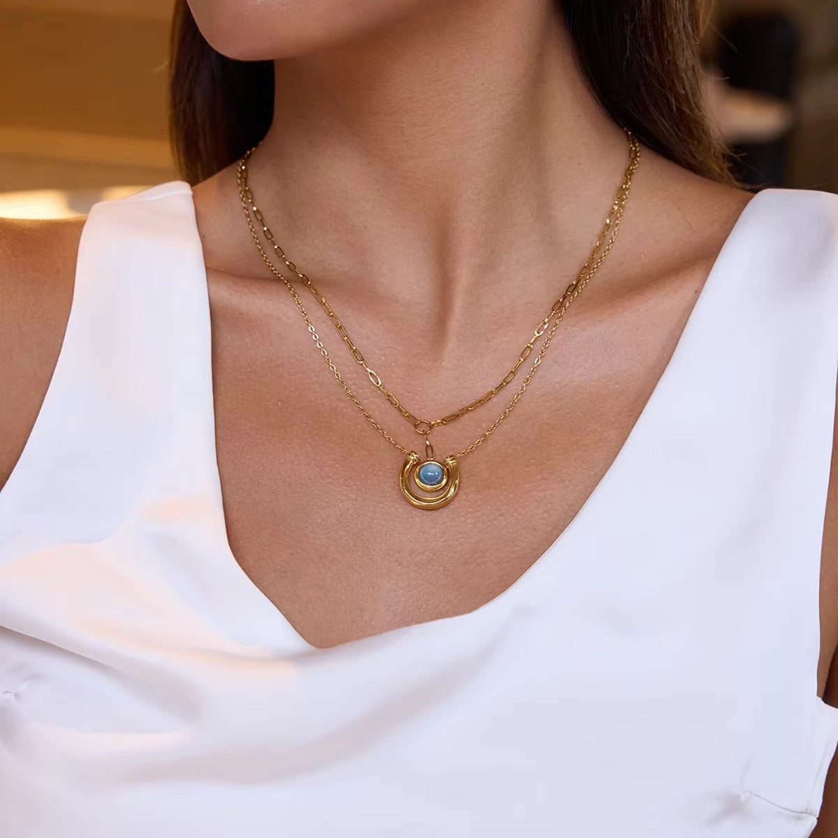 Gift for Mum - Eternal Bond Double Pendant Necklace - Gold Ring and Blue Resin Pendant