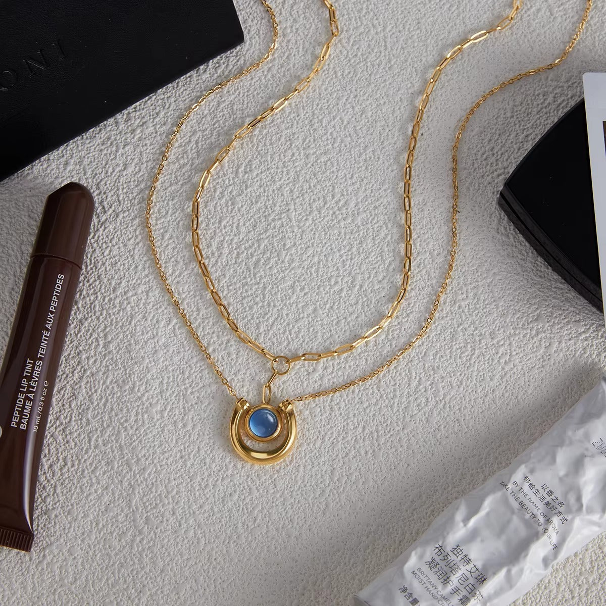 Gift for Mum - Eternal Bond Double Pendant Necklace - Gold Ring and Blue Resin Pendant