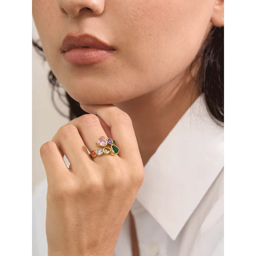 Hearts That Sparkle - A Dainty Gold Ring with Cascading Hearts