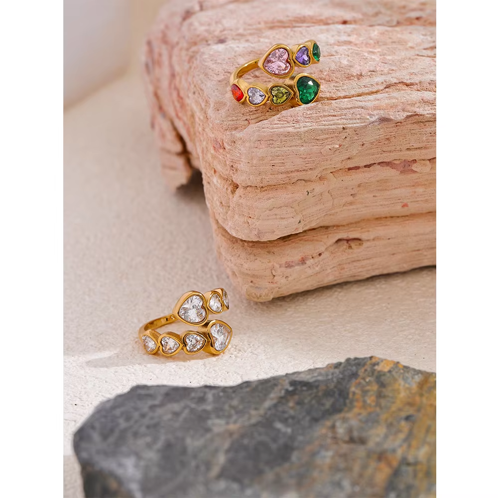 Hearts That Sparkle - A Dainty Gold Ring with Cascading Hearts