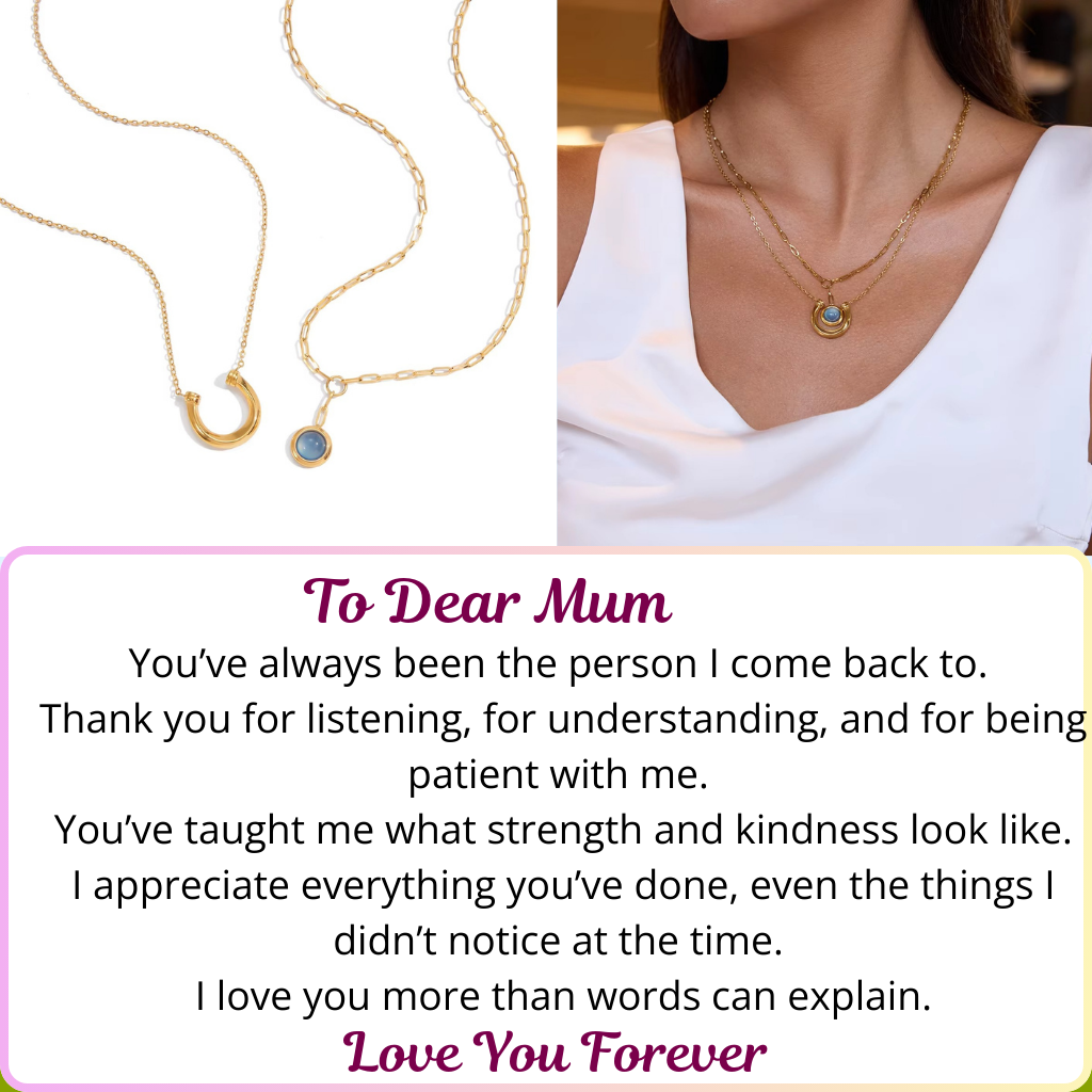 Gift for Mum - Eternal Bond Double Pendant Necklace - Gold Ring and Blue Resin Pendant