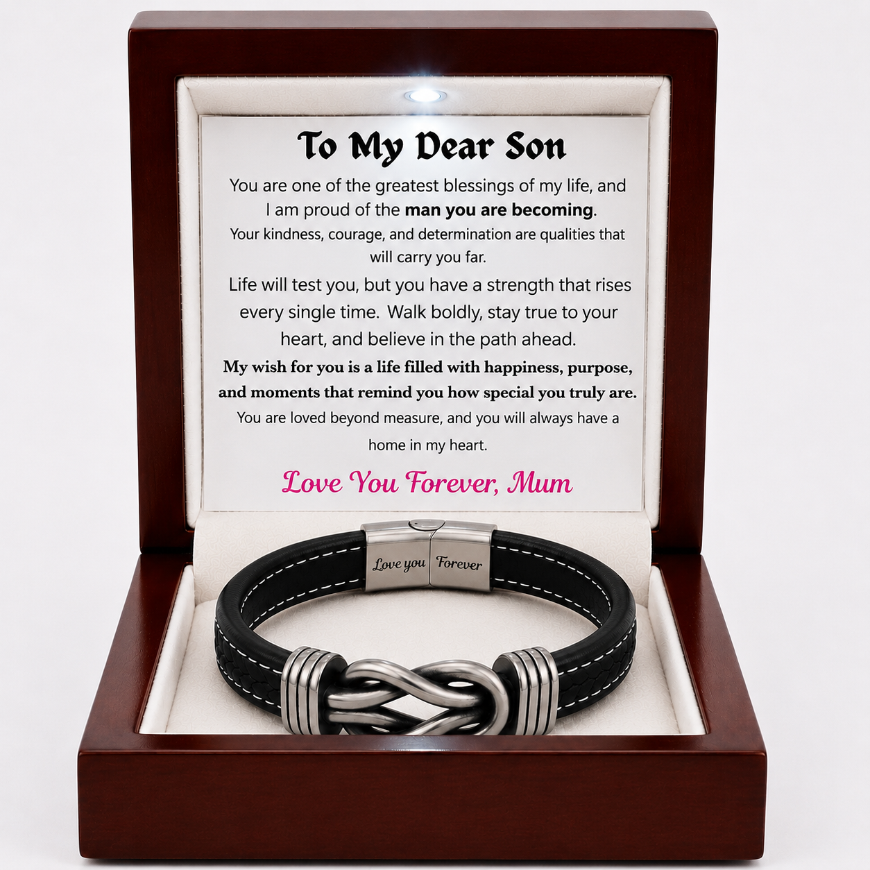 Mother and Son – Bold Steps Infinity Bracelet Engraved Love You Forever - Vintage Finish